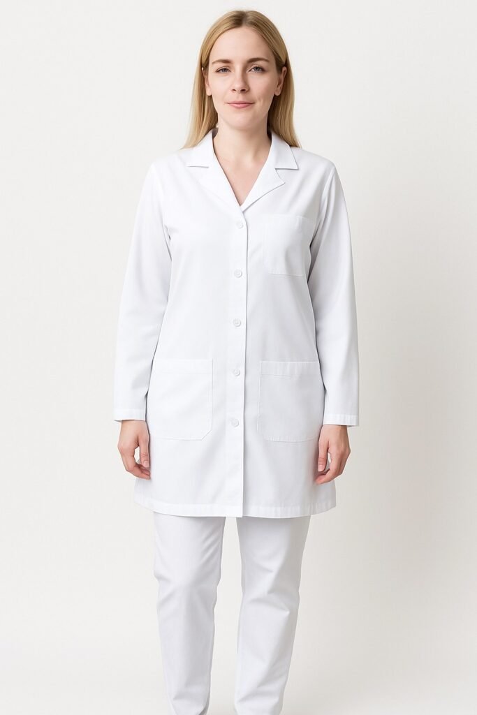 Jaleco ou avental feminino branco em Oxford